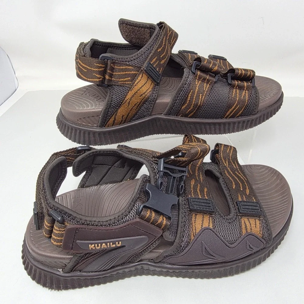 Kuailu Sport Sandals Mens 9.5 Brown Tiger Stripe Multi Strap Buckle Excellent